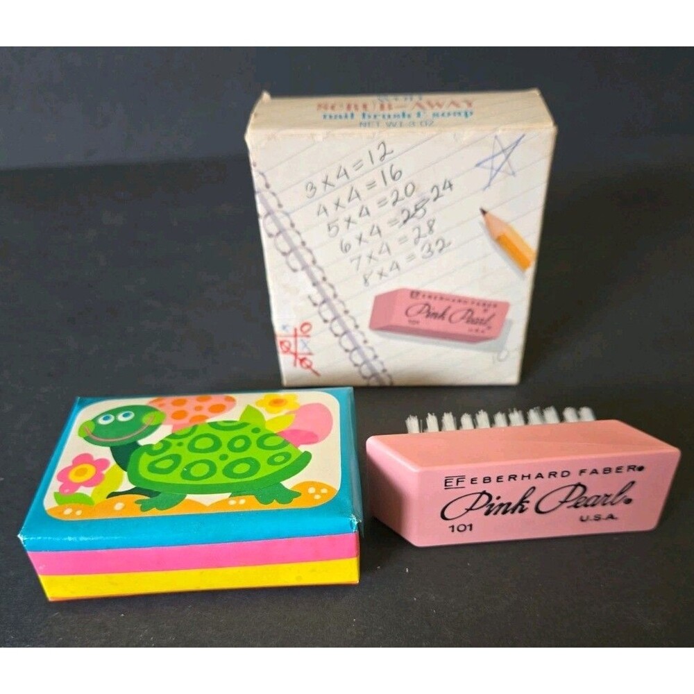 Avon Pink Eraser Nail Brush & Scrub-Away Soap New In Box Vintage 1970 3 Oz Disc